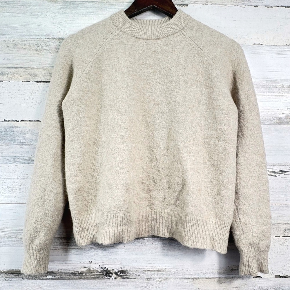 Zara Sweater Womens Small‎ Beige Fuzzy Wool Alpaca Blend Raglan Crew Neck Chic